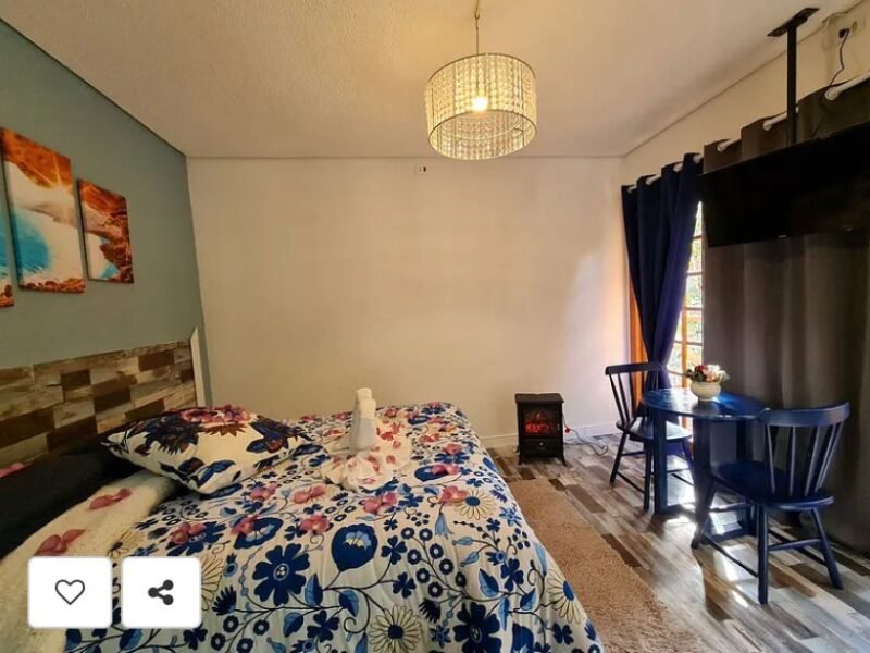 Suíte Grega, com banheira de hidromassagem, lareira elétrica e deck com vista para mata